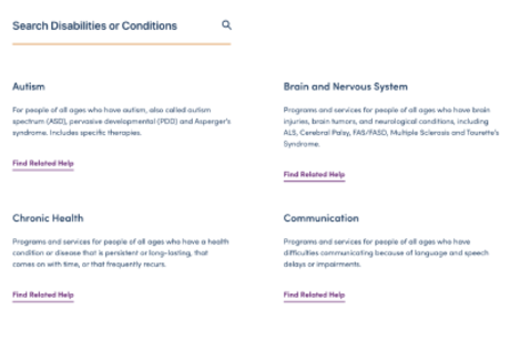 Screenshot of the Disabilities and Conditions page